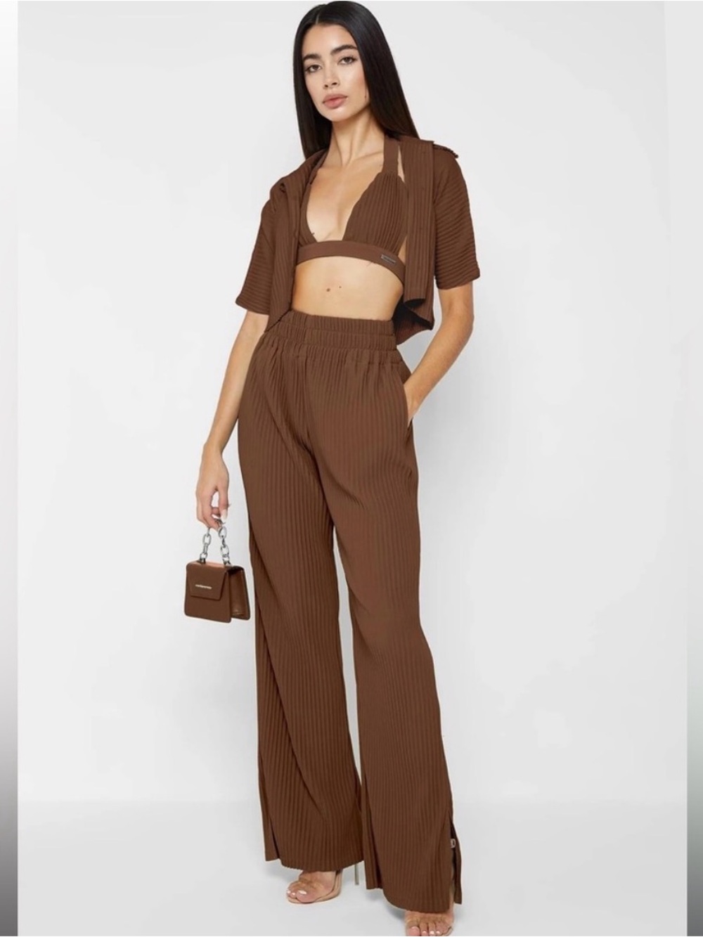 Maniere De Voir Brown Pleated Button Up Crop Shirt Wide Leg Slit Pant Set XS/2